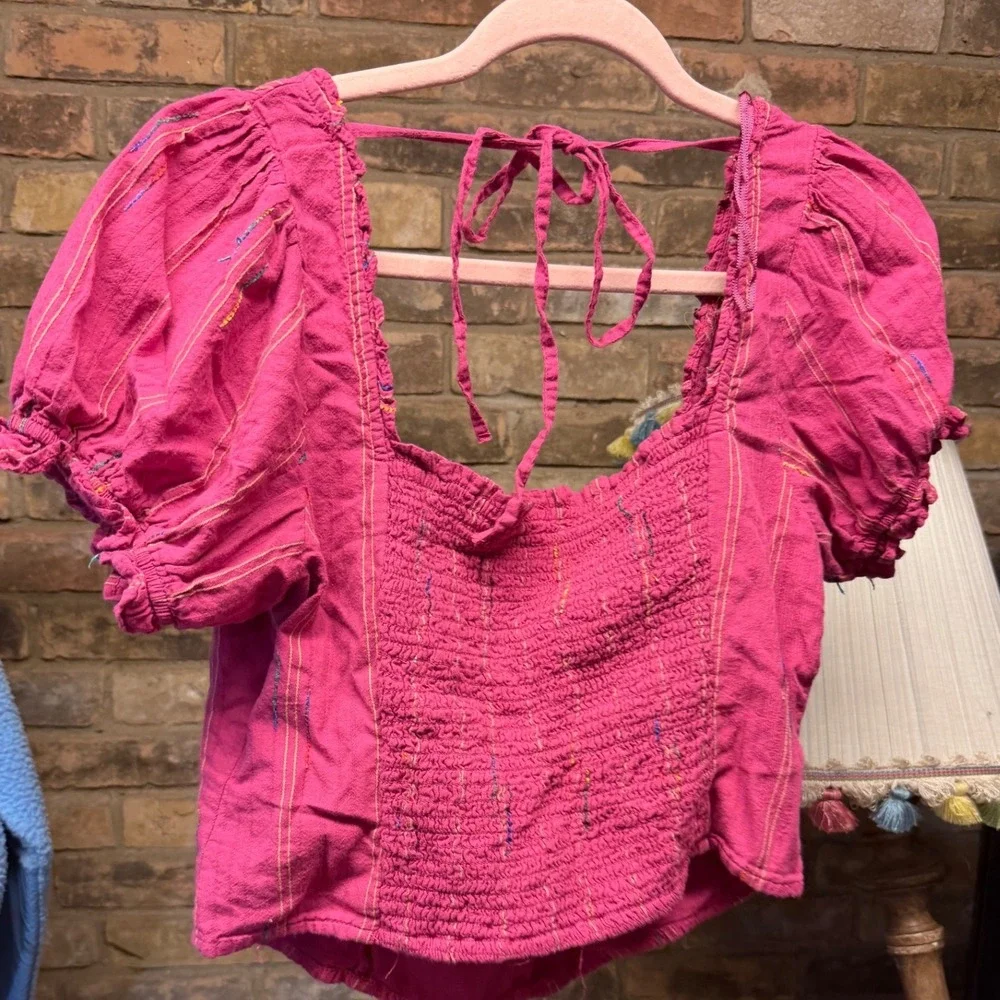 Free People Pink Puff Sleeve Smocked Back Square Neck Boho Top Medium